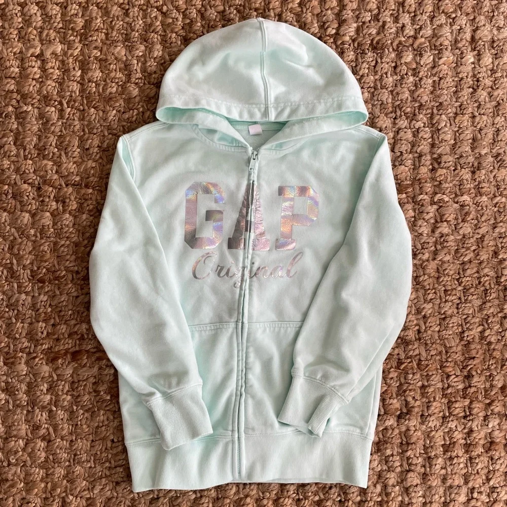 GAP Kids Mint Green Zip Hoodie | XL (14–16) | Holographic Logo